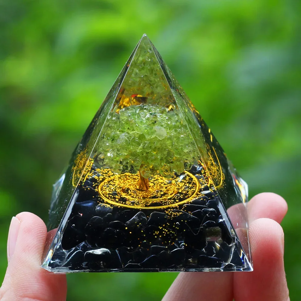 Tree of Life Orgone Pyramid Natural Crystal Amethyst Peridot Healing Reiki Chakra Energy Generator Orgonite Pyramid Room Decor