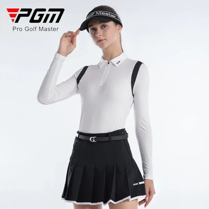 PGM Women Patchwork Golf Shirt Ladies Stripe Long Sleeve T-shirt Women Slim Zipper Collar Tops Elastic Breathable Sportswear