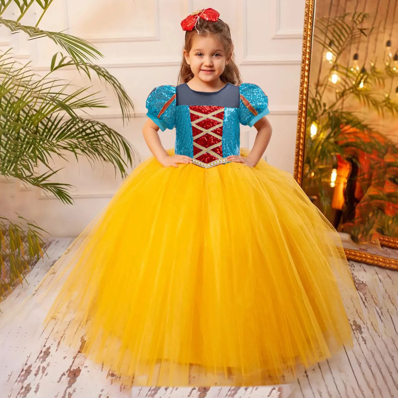 

Fancy Snow White Princess Dress For Girls Cosplay Costumes Puff Sleeve Tulle Party Birthday Dresses Performan Children Prom Gown