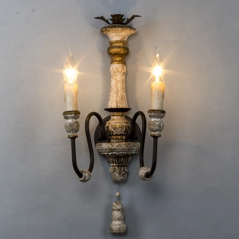 Vintage White Wooden Wall Sconce Lamp With Rustic Metal And Gold Color For Bedroom Bedside 2 Lights Farmhouse French Wall Lamp