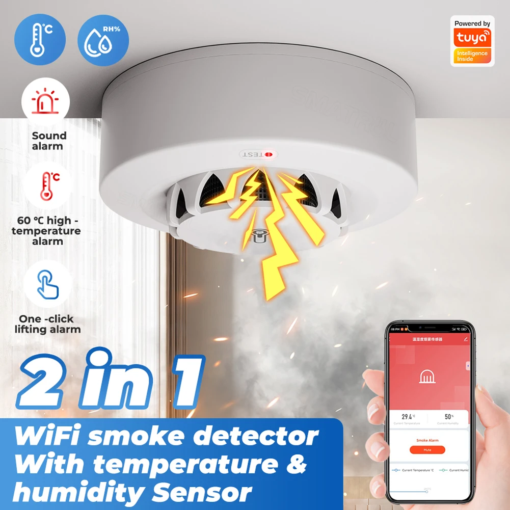 2-in-1 Tuya WiFi Smart Smoke Brandalarm Temperatuur- en vochtigheidssensor Detector Home Security System Alexa Google Assistant