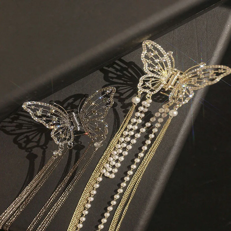 Elegant Diamond-filled Hollow Butterfly Sense Of Half-tied Hair Extra Long Tassel Clip Light Luxury Rhinestone