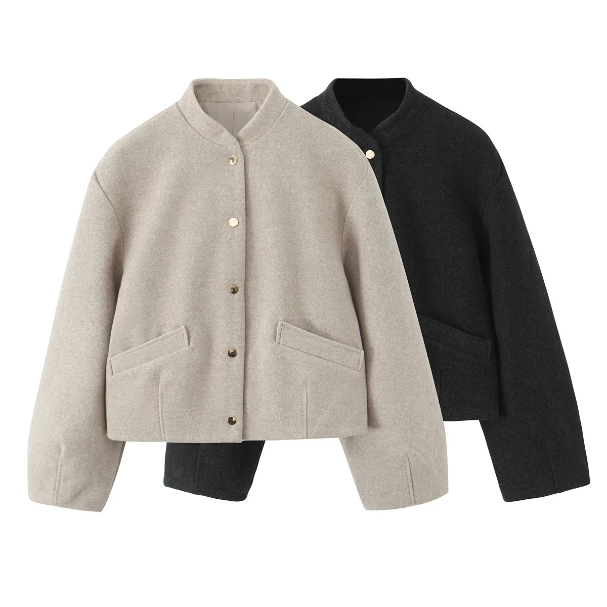 2025 Winter New Fashion Soft Bomber Jacket With Pleated Hem Blended Jacket Chic Breasted Long Sleeve Jacket Outerwear Mujer