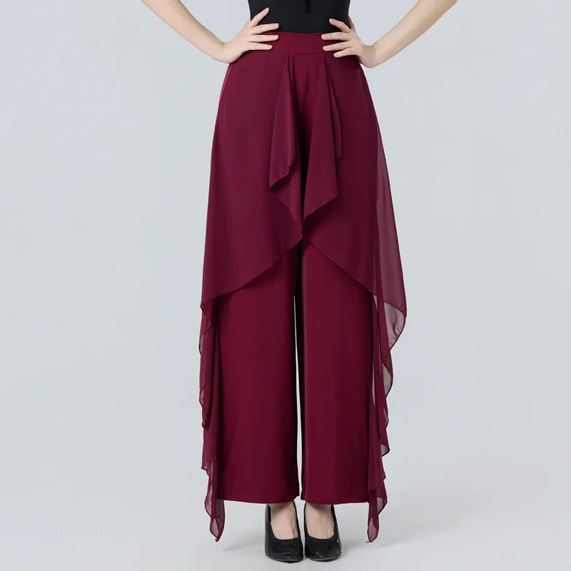 

Women Latin Dance Pants Modern Dance High Waist Ruffle Wide Pants Ballroom Tango Samba Trousers Performance Practice Costume