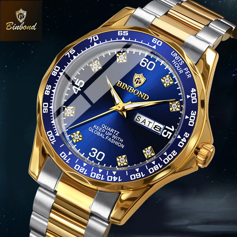BINBOND العلامة التجارية الفاخرة الذهبي ساعة كوارتز الرجال الغوص مقاوم للماء الفولاذ المقاوم للصدأ حزام الأصلي ساعات رجالية Relogio Masculino