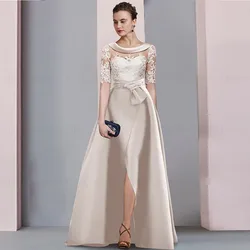 Long Mother of the Bride Dresses 2023 O-Neck Applique Satin Wedding Party Gowns Backless Side Split Sexy Elegant Dress For Women