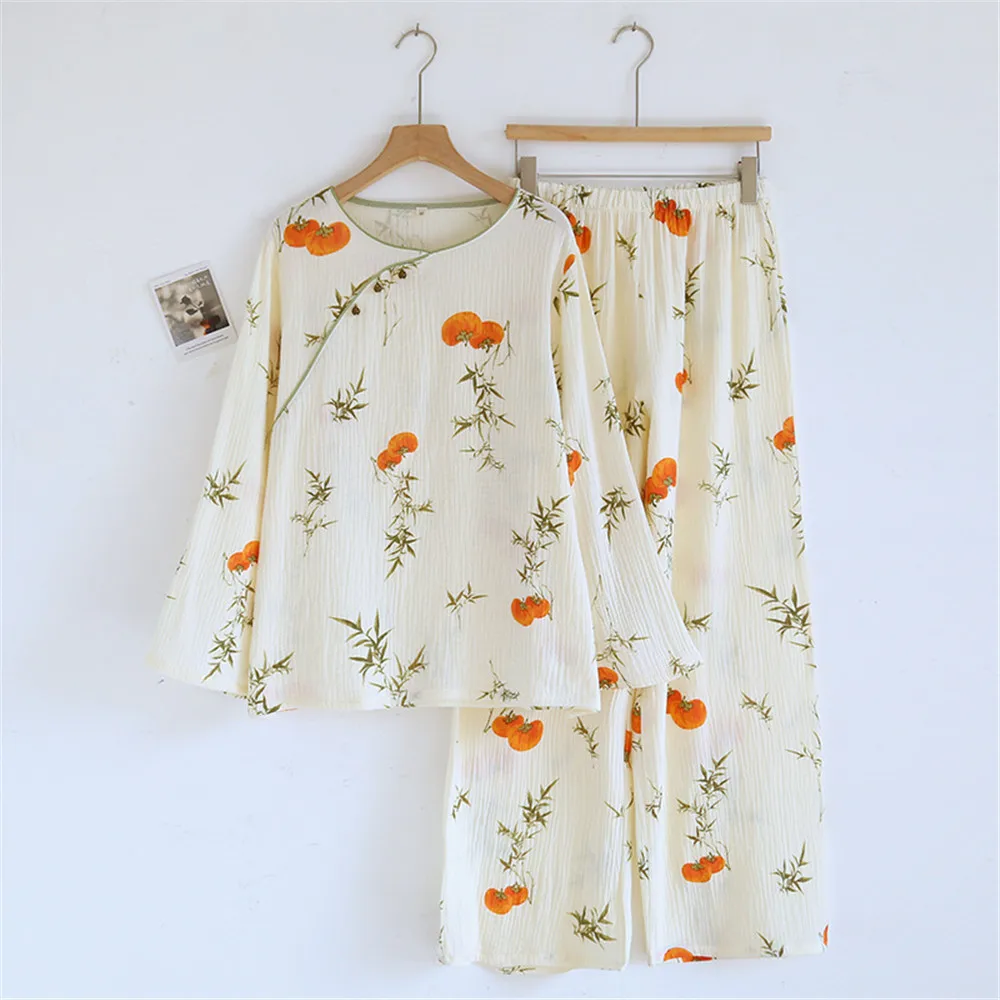 

Women Pajama Set Cotton Pullover Pants Vintage Long Women's Pajama 2 Piece Set Flower Print Women Homewear