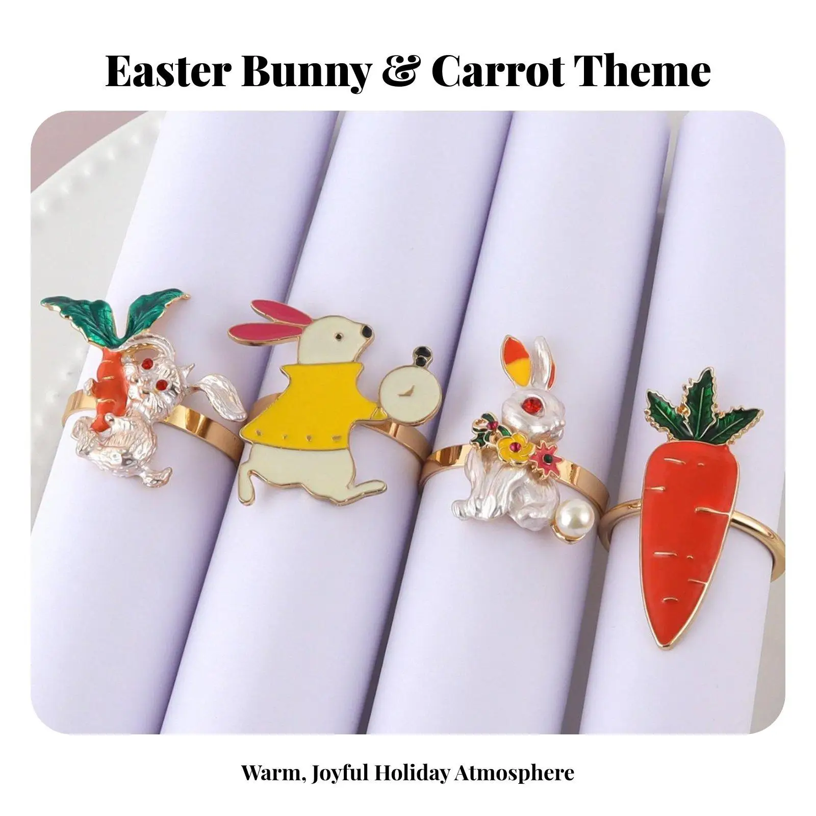 Easter Napkin Ring Set with Bunny and Carrot Design Metal Serviette Buckle Durable Zinc Alloy Table Decor for Party Hosts Dinner
