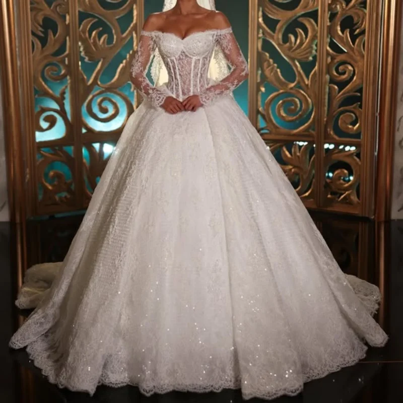 luxury Shiny White Appliques Wedding Dresses glitter Lace decal long sleeves puff skirt Gowns Made wedding dress Bridal Gown