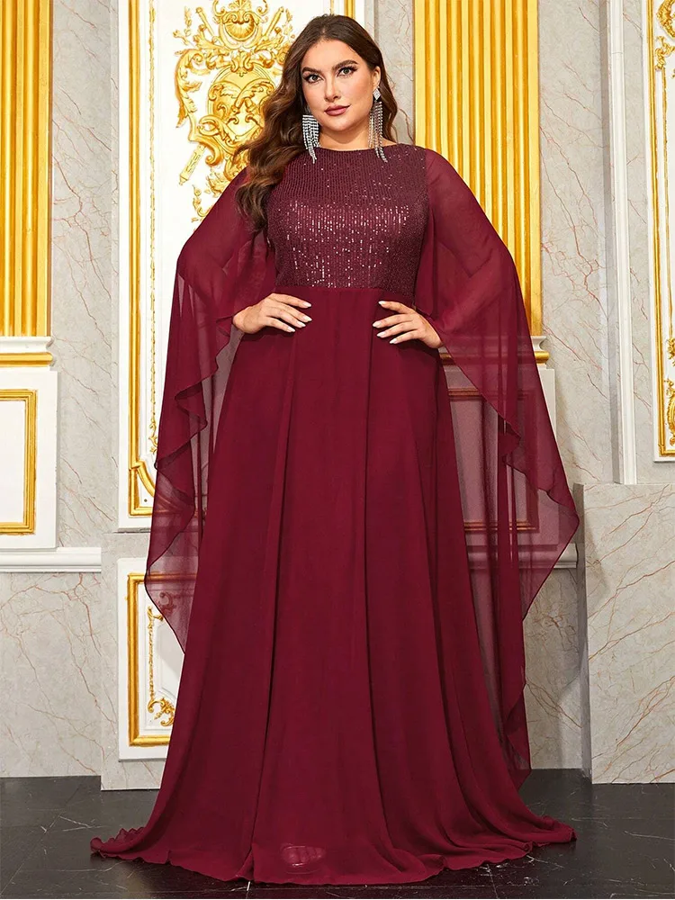 

S-7xl Round Neck Burgundy Shawl Long Luxury Floor-Length Sequin Evening Dress Plus Size Chiffon Backless Wedding Evening Dress