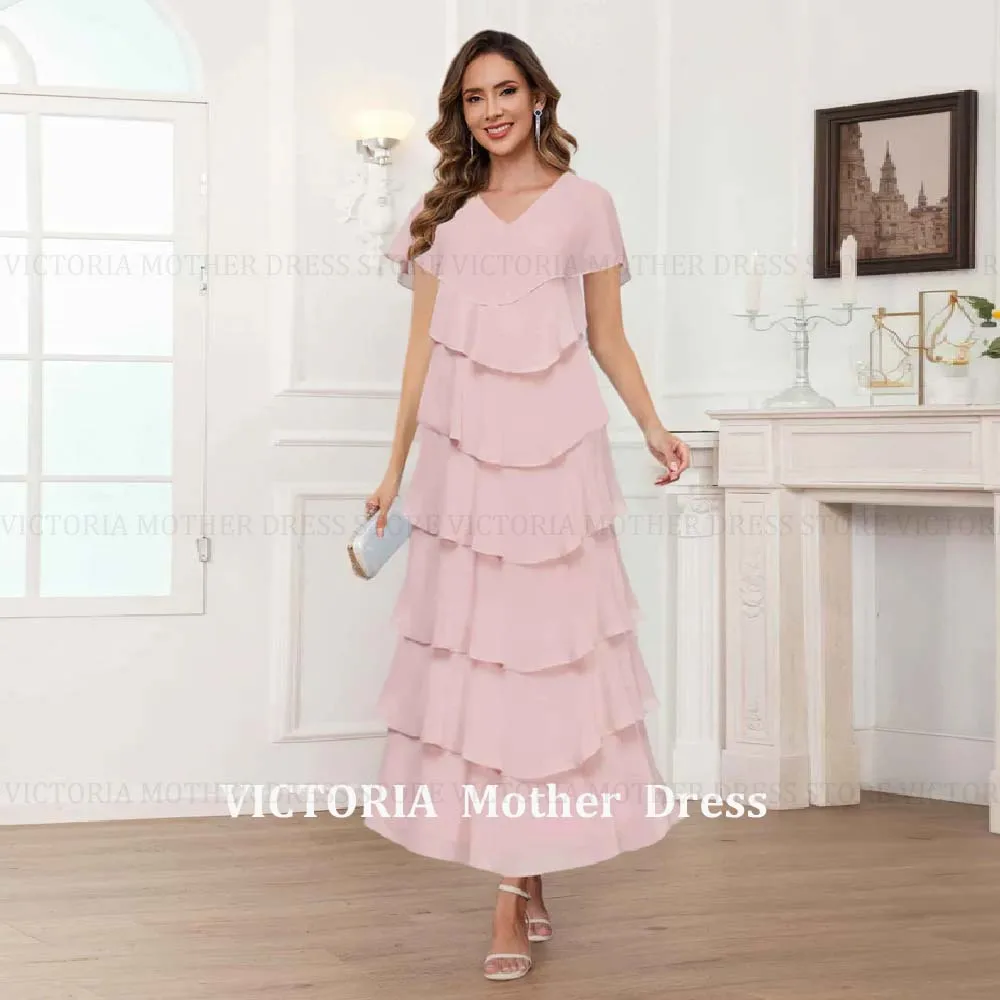 

VICTORIA Customized Simple Pink Mother of the Bride Dress 2026 Tiered Chiffon A-Line Wedding Guest Gown Long Party Evening Dress