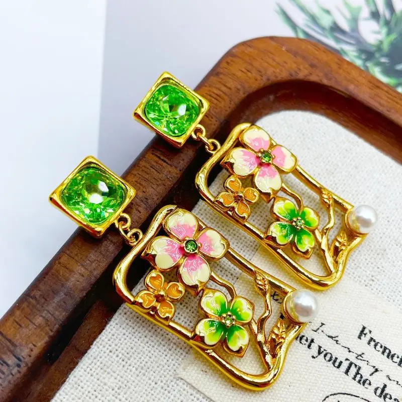 Trendy New Chinese Flower Oil Painting Series Enamel Colored Earrings Women's Ethnic Style Summer Boho Jewelry Square Dangle