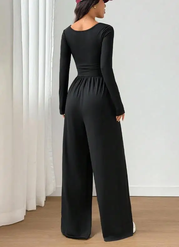 جمبسوت حريمي لخريف وشتاء 2025 جمبسوت أسود بأكمام طويلة جمبسوت بسيط غير رسمي برقبة مربعة أنيق بأرجل واسعة #2