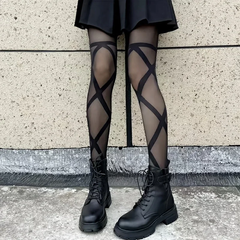 Sexy Black Cross Bandage Tights Thin Breathable Transparent Pantyhose Women's Stockings Hosiery