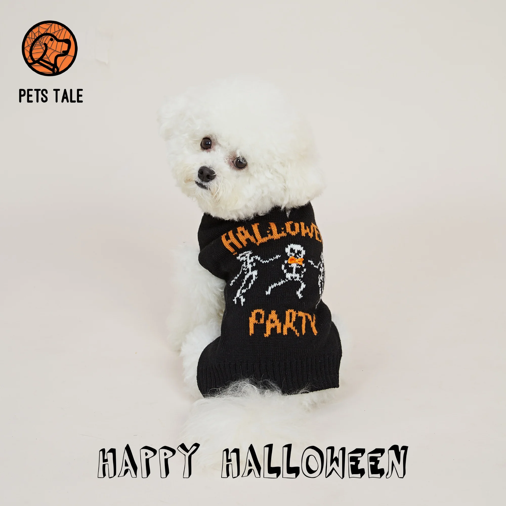 Halloween Party Skeleton Dance Orange Bow Chainlink Sweater with Turtleneck Collar