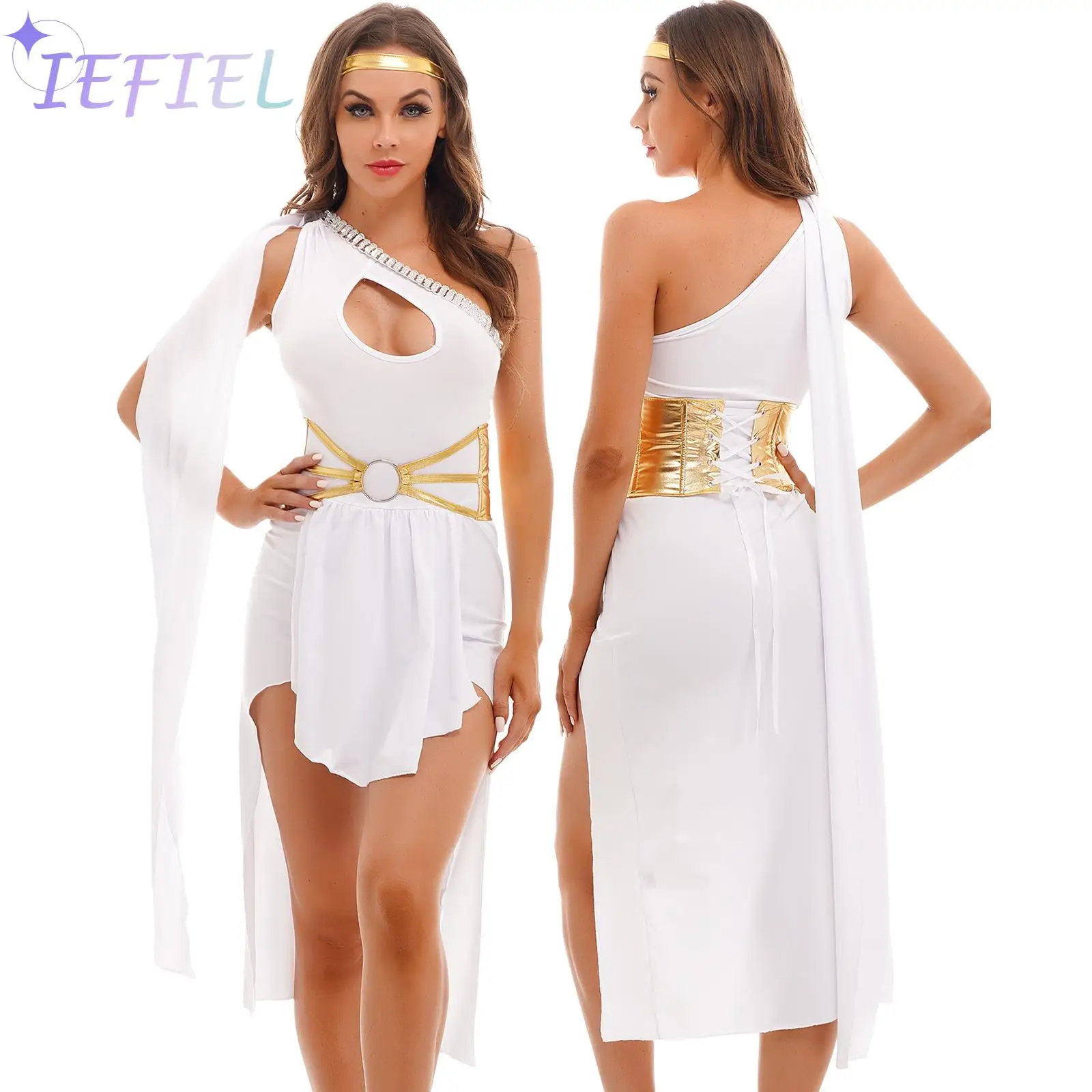 

Women Sexy Toga Greek God Costume Halloween Princess Role Play Set Stage Performance One Shoulder Dress with Corset and Headband