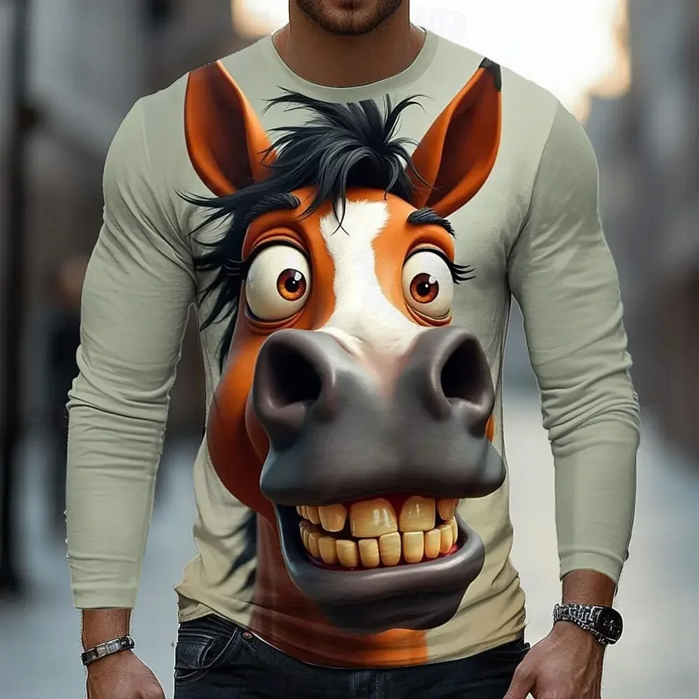 Herren Polyester Langarm-T-Shirt mit 3D-Druck, lustiger Cartoon-Zebra-Grafik mit großem Gesicht, Rundhalsausschnitt, lässige Oberteile – Detail 2