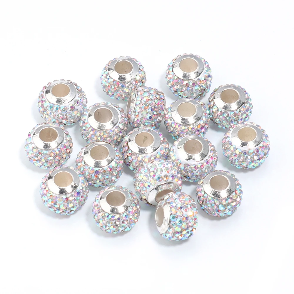 Lot de 10 perles Shambhala colorées en strass de 14 mm, grandes perles d'espacement à trou large pour la fabrication de bijoux, bracelets DIY, accessoires de perles en vrac