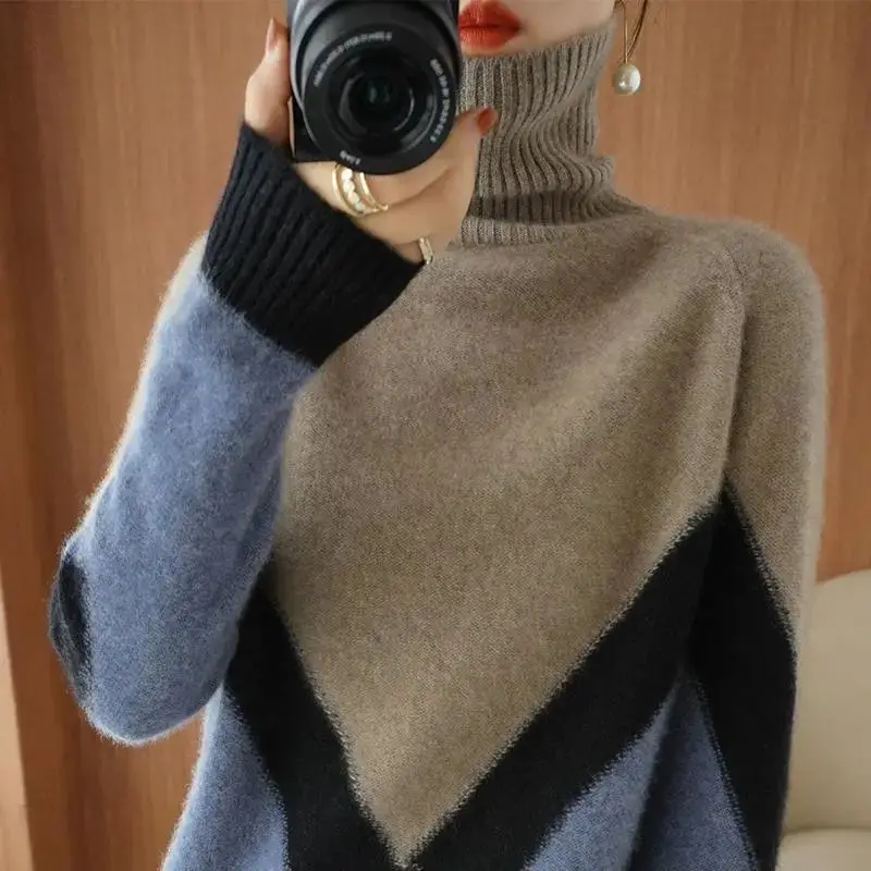 

Pullovers 2023 autumn and winter new knitted sweater female tall collar tops loose color versatile bottom knit sweater female