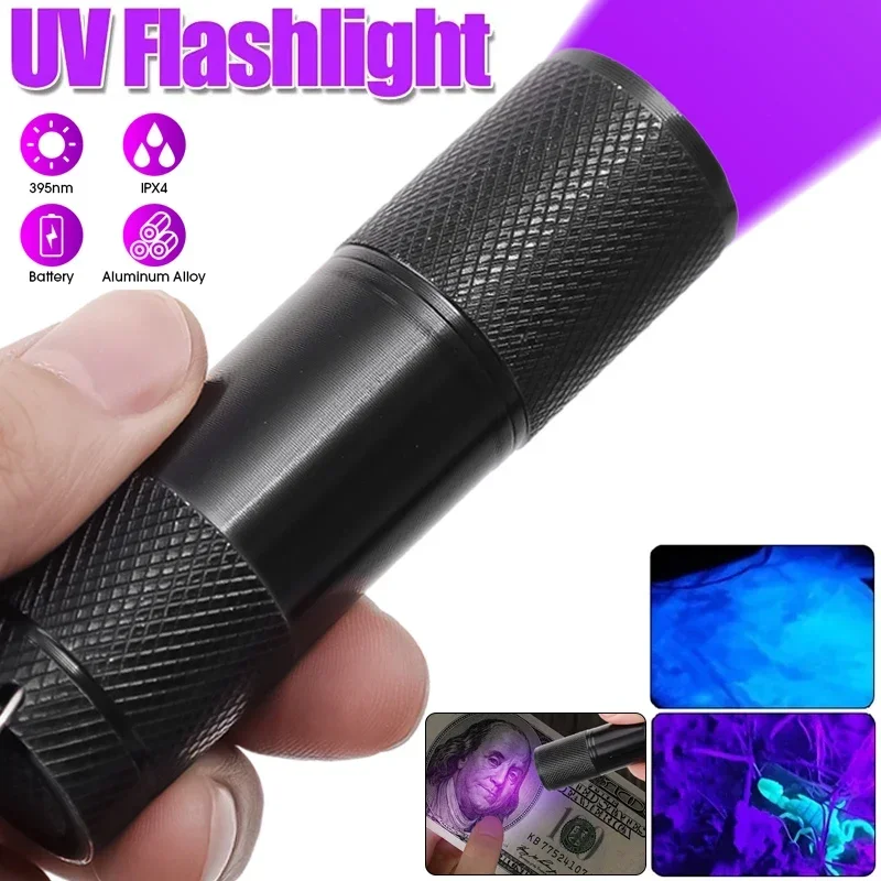 Linternas de luz negra de 9LED, Mini linterna UV con batería, antorcha ultravioleta para Detector de manchas de orina de perros y mascotas, caza de escorpiones