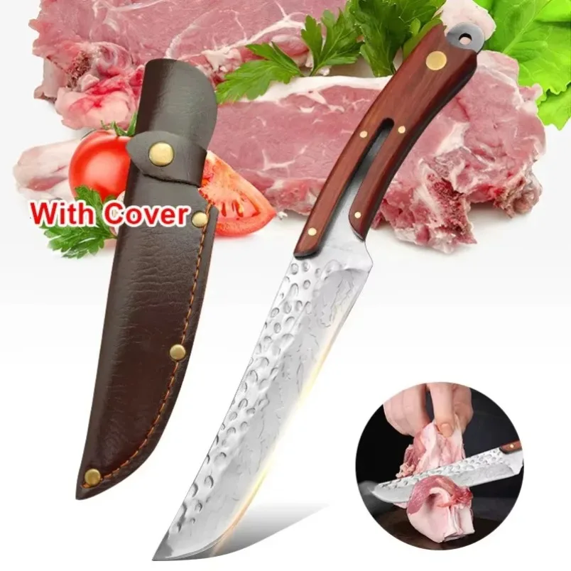 

Handmade Forged Wooden Handle Butcher Knife Cooking Utility Knifes Kitchen Boning Knife Cleaver Meat Fruit BBQ Knife with Cover