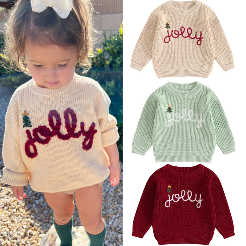 FOCUSNORM 0-3Y Lovely Baby Boys Girls Winter Christmas Sweaters 3 Colors Xmas Letter Embroidered Long Sleeve Ribbed Knitted Tops