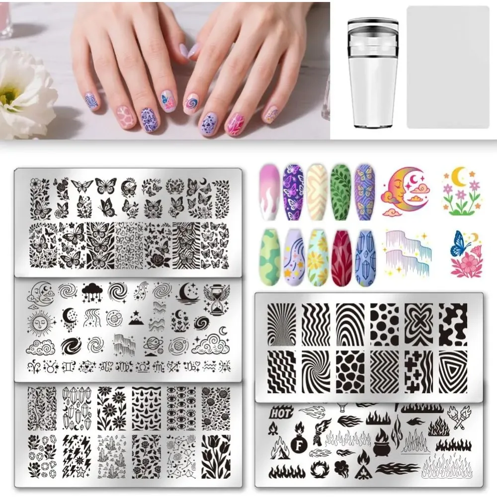 5 Stücke Schmetterling Blume Wiederverwendbare Nagelstempel Flammen Nagelstempelset Abstrakte Texturen Französische Spitze Nägel Stempel Stern Edelstahl