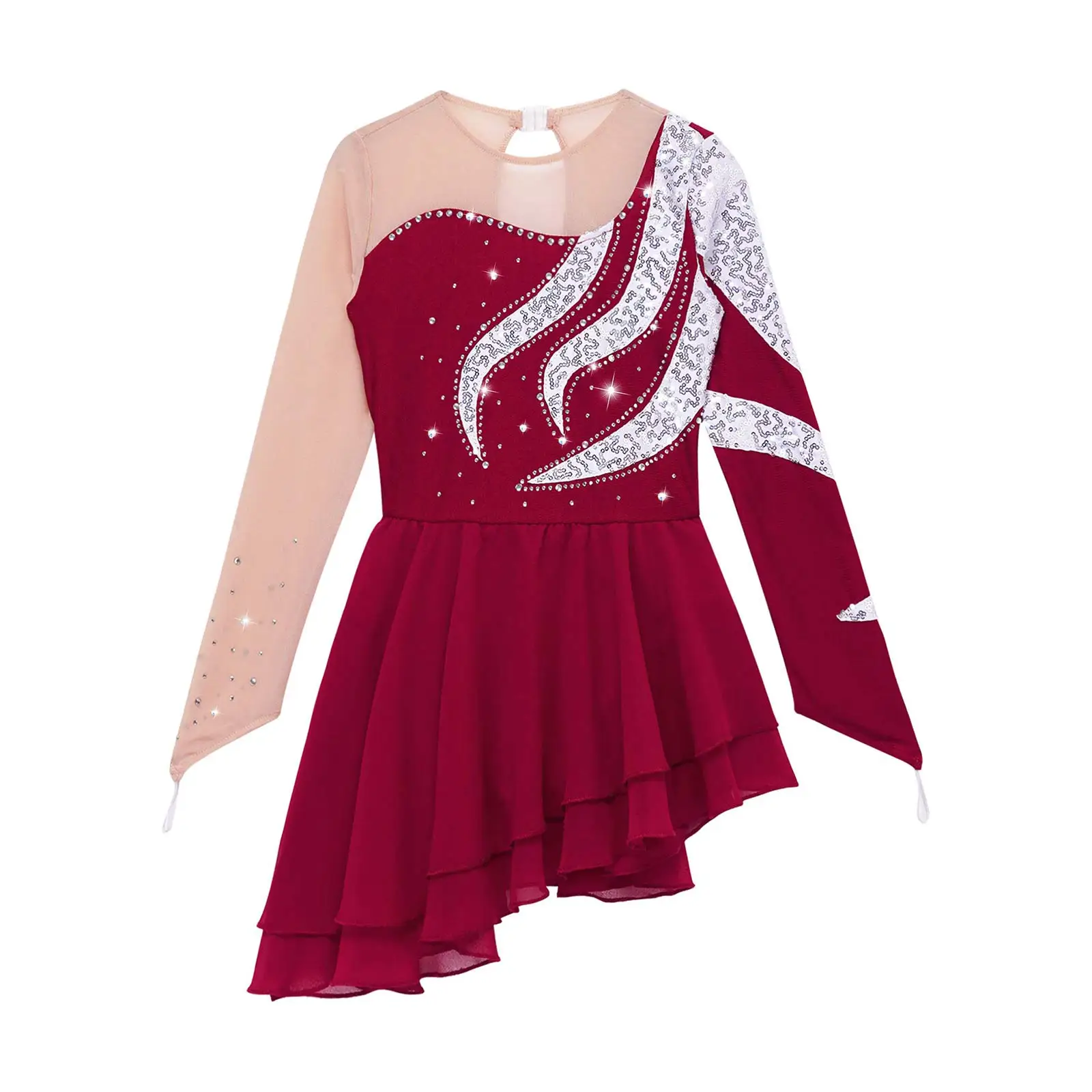 Vestido de baile de patinaje artístico para niñas, leotardo de malla transparente de manga larga con lentejuelas brillantes, tutú de Ballet, gimnasia rítmica, Ropa de baile