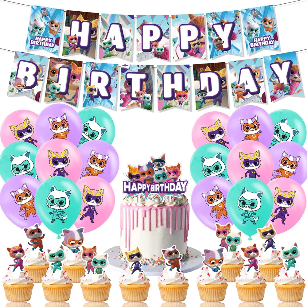 Superkitties Thema Geburtstag Dekoration Party Kit inklusive Banner Dekoration Luftballons Flaggen Kuchen Topper und Cupcake Topper