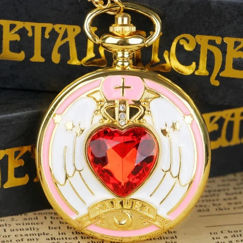 Magic Pink White Trim Ruby Sakura Animazione Catena Orologio da tasca Collana Orologio da tasca Regali per donne Ragazze Cosplay Souvenir