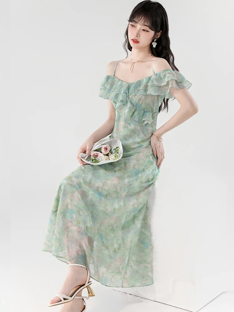 2025 New Green Floral Chiffon Chic Ruffled Casual Sling Dress Summer Elegant Bodycon Beach Dresses Women Korean One Piece Dress