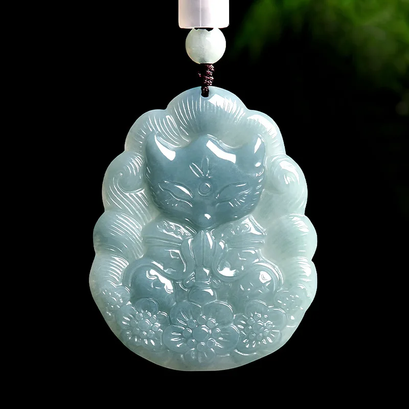 

Natural A-grade jade blue water fox fairy nine tailed fox pendant, glutinous jade pendant floral piece feminine temperament