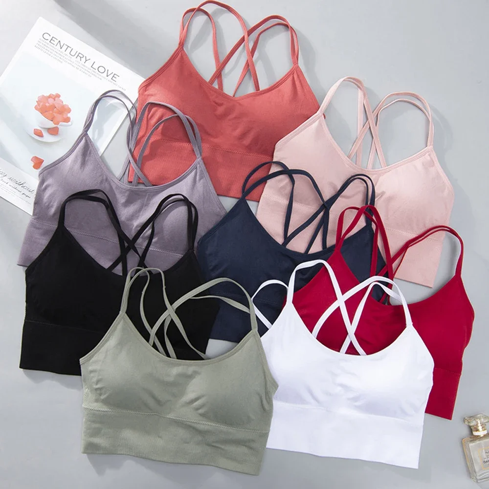 Women Strappy Sports Bras Seamless Criss Cross Back Sexy Padded Fitness Yoga Vest Gym Running Crop Top Breathable Beauty Bras