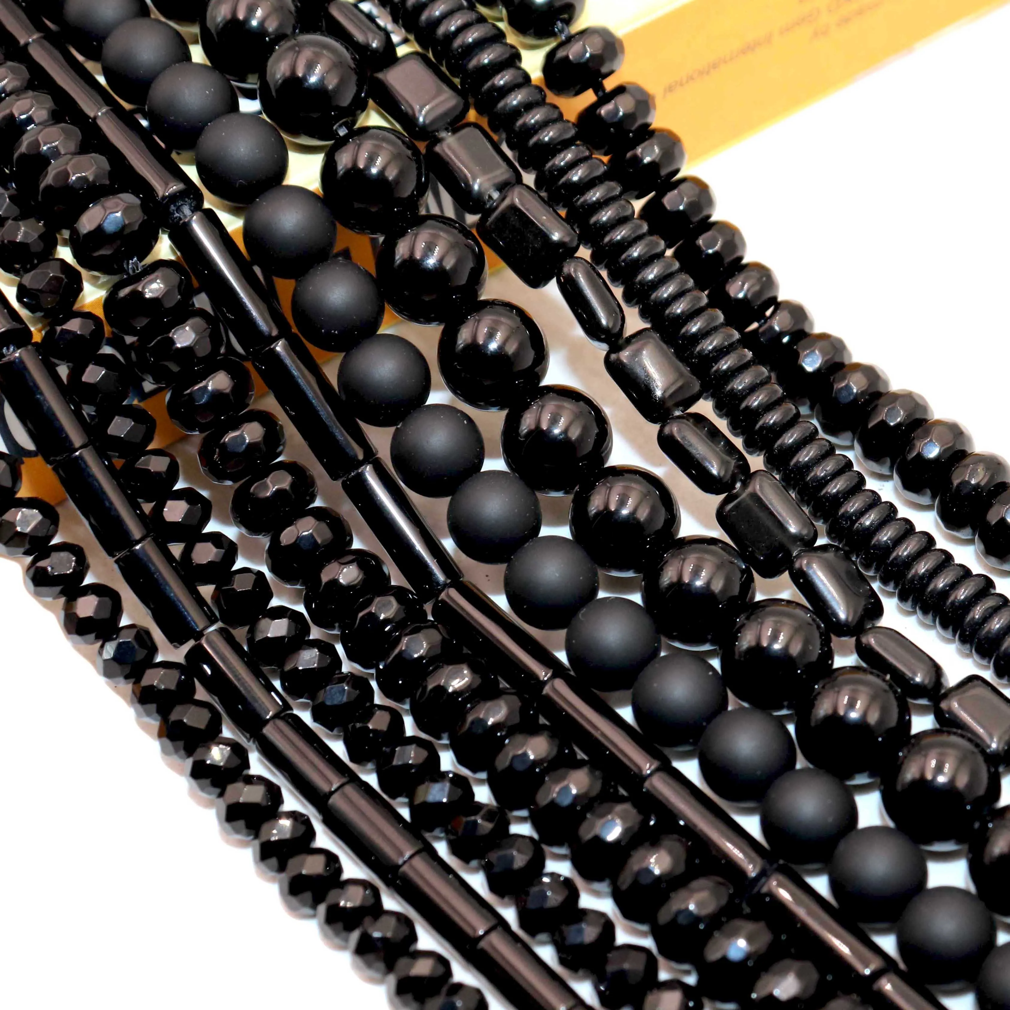 Cilindro de ónix de piedra negra, forma facetada Natural, cuentas espaciadoras sueltas, dijes para fabricación de joyería, accesorios para pulseras DIY