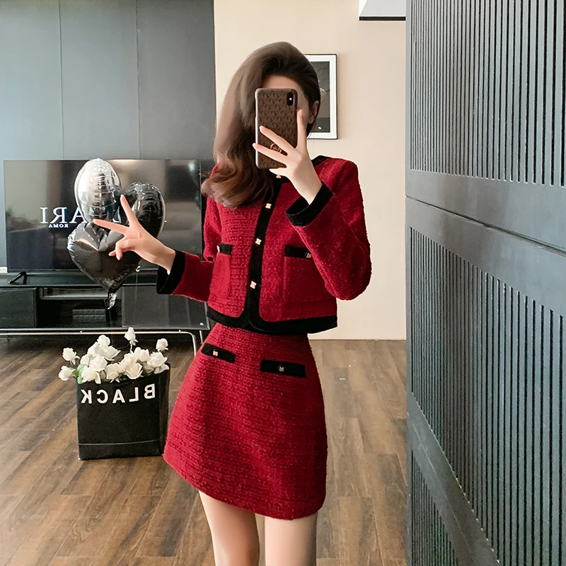 New Woman\'s Autumn Winter Small Fragrance Short Blazer Mini Skirt Suit Retro Contrast O Neck Tweed Suit Overskirt Two-piece Set