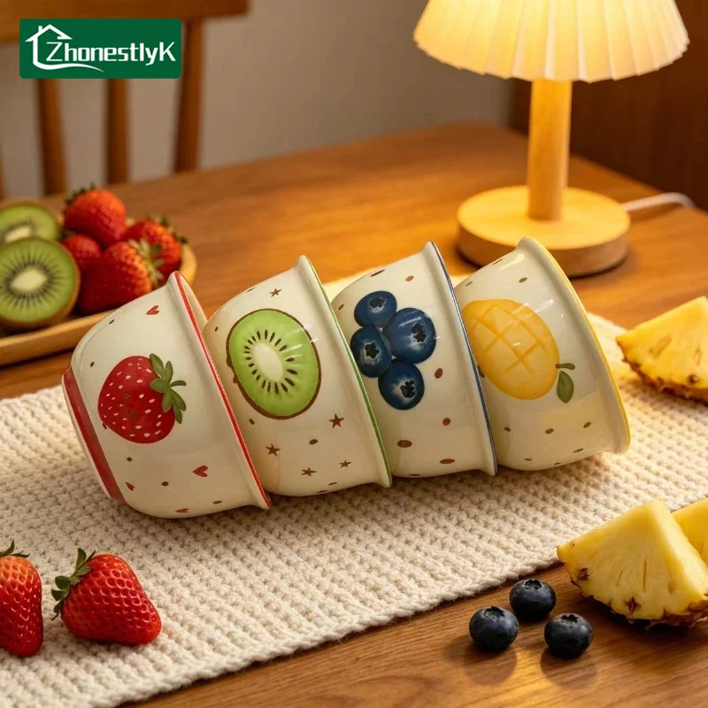 4 Pcs Cartoon Cream Style Fruit Ceramic Bowl Cute Anti-scald Soup Bowl Home Kitchen Noodle Ramen Tableware Bowl