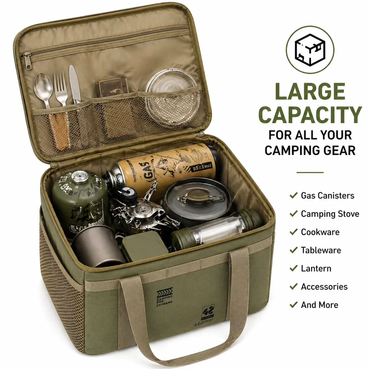 Sac tactique imperméable pour l'extérieur, sac de rangement pour le camping, pochette de transport pour ustensiles de cuisine de grande capacité avec poche latérale en filet