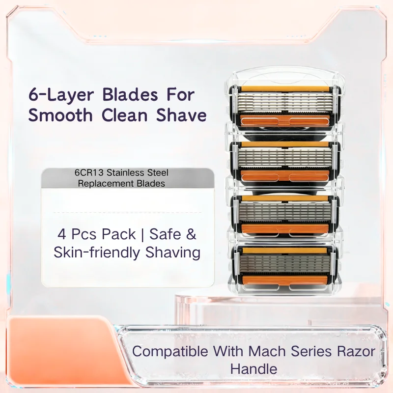 6CR13 Stainless Steel 6 Layer Razor Replacement Blades 4Pcs/Box Men Manual Shaver Refill Cartridges With Lubricating Strip