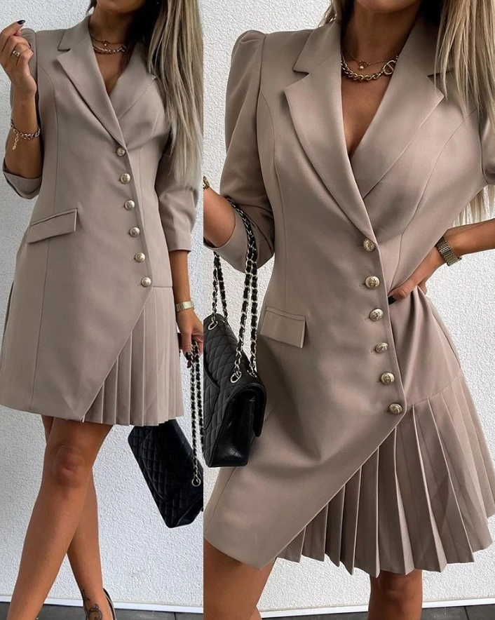 Womens Dresses 2024 Spring Elegant Asymmetrical Button Pocket Design Notched Collar Plain Office Lady Pleated Blazer Dress