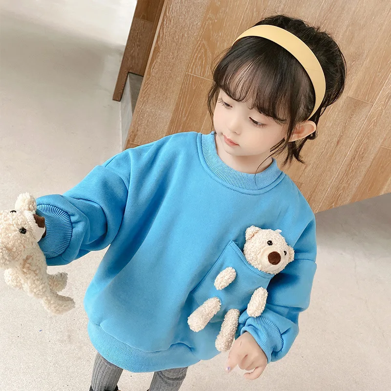 Boutique 2023 New Spring Girl Sweater Korean Version Thick Girls Kid Plus Velvet Top Cartoon Cute 2-6 Years old Children Clothes