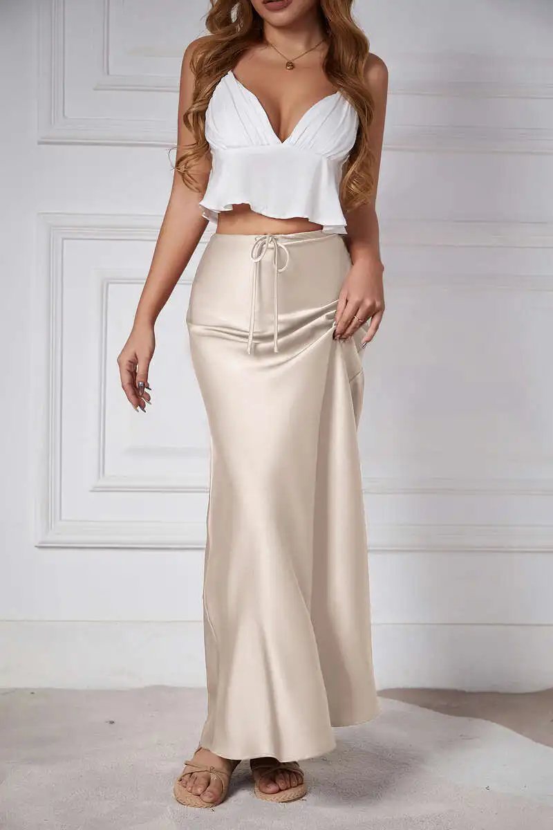 New In 2026 Women's Spring Summer Solid Color Satin Long Skirt High Waist Lace-up Trendy Elegant Faldas Female Beach Maxi Skirts