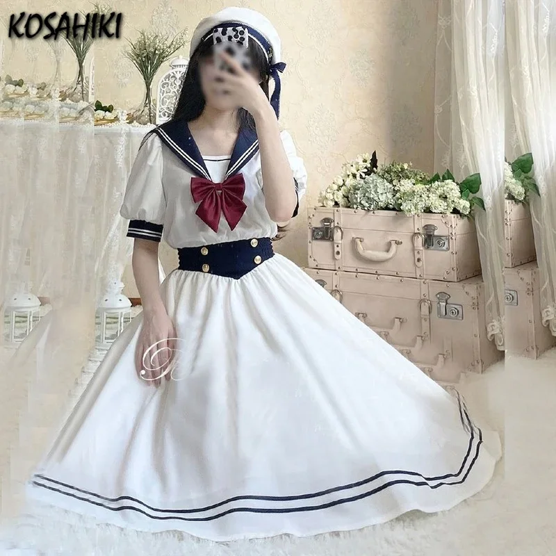 

KOSAHIKI Korean Sweet Lolita Dress Women Summer Short Sleeve Bow Patchwork Midi-long Dresses 2025 Japan Stlye Cosplay Vestido