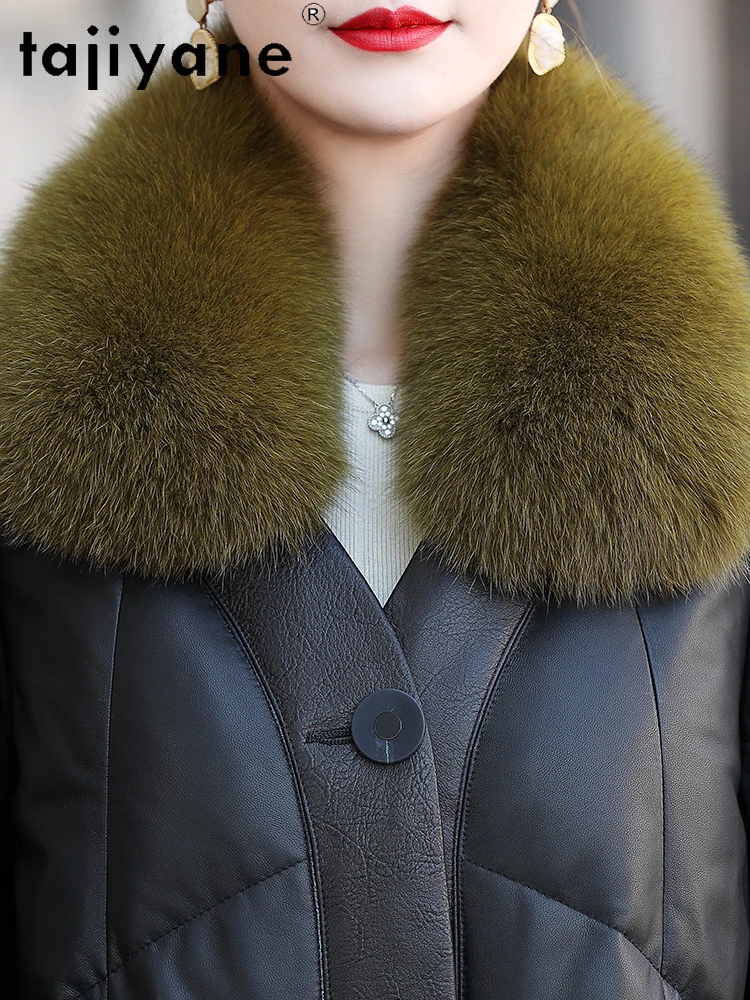 TAJIYANE جلد الغنم الحقيقي بطة أسفل معطف المرأة لوكس الثعلب الفراء طوق ملابس خارجية سترات من الجلد الحقيقي ملابس الشتاء امرأة 2025 كورت #4