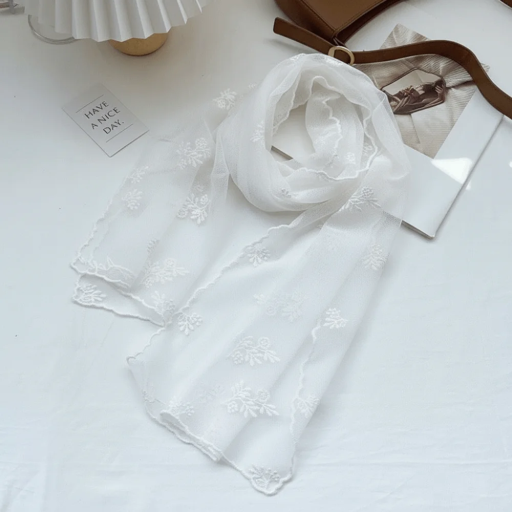 

Versatile Retro Women's Lace Scarf Long Korean Version Sunscreen Shawl Solid Color Floating Embroidery Flower Female Headscarf