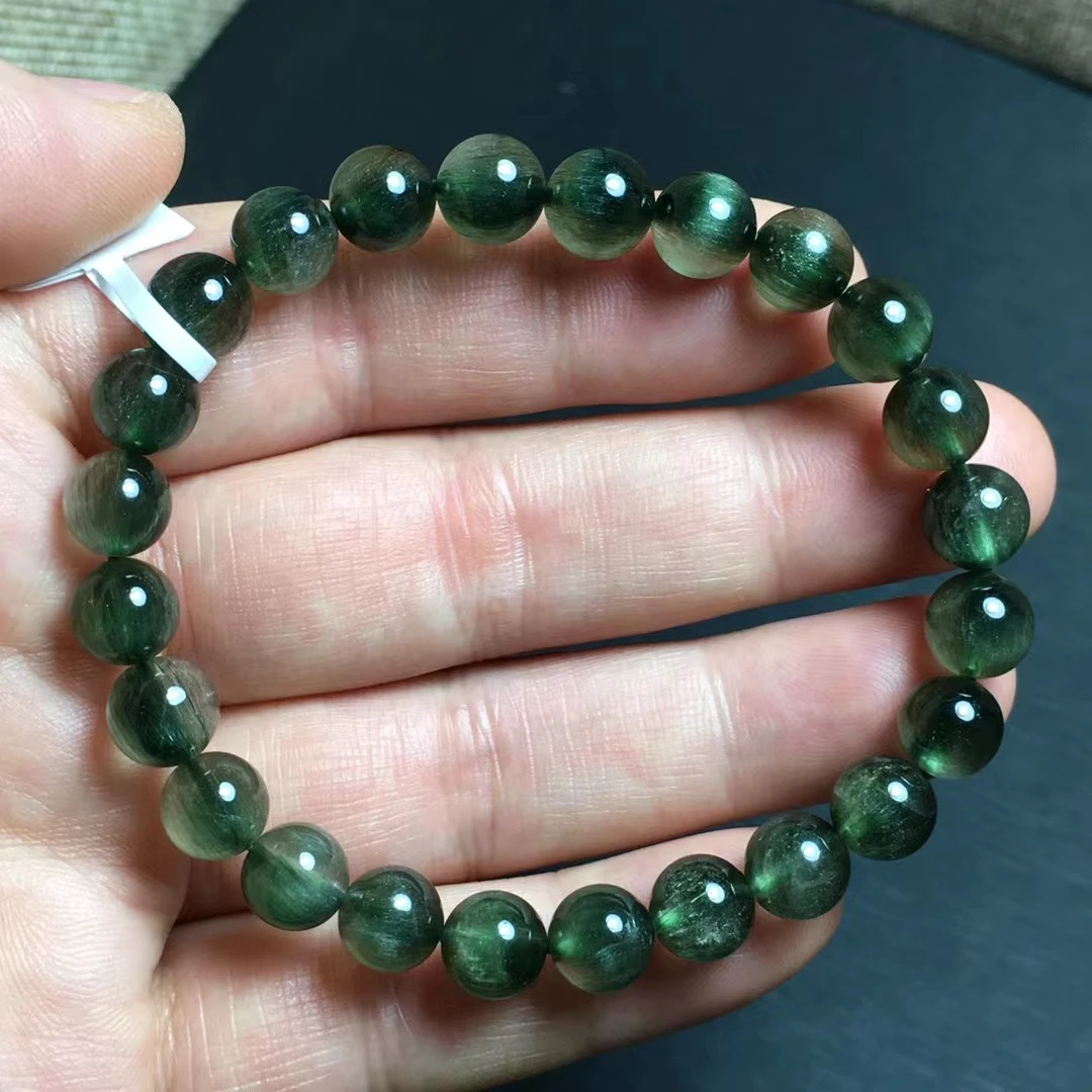 Natural Green Rutilated Quartz Gemstone Beads Bracelet 8mm Women Men Jewelry Cat Eye Stretch Crystal Barrel Beads AAAAA