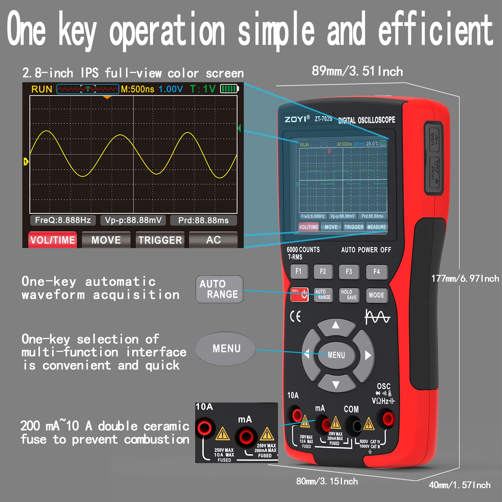 ZOYI ZT-702S 2-in-1 Oscilloscope Multimeter with 2.8 Inch IPS Display,9999 Counts, Single Channel 10MHZ Bandwidth,48MSa/s