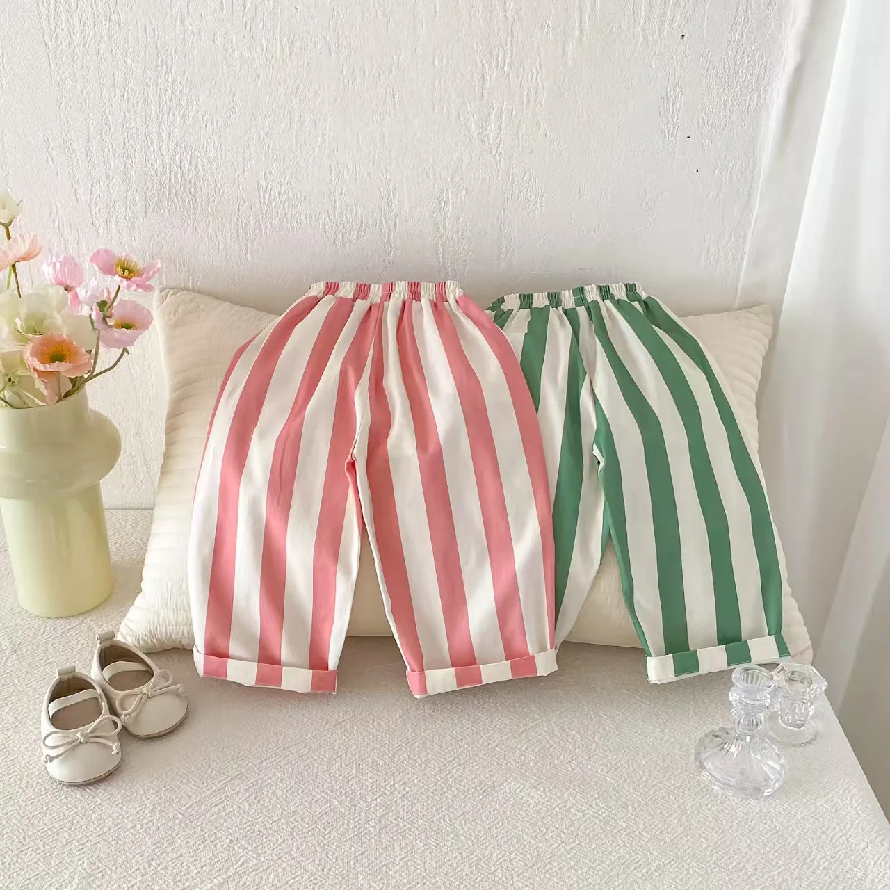 Baby Girls and Boys' Korean-Style Casual Trousers with High Waist and Colorful Stripes, Suitable for Outdoor Activities