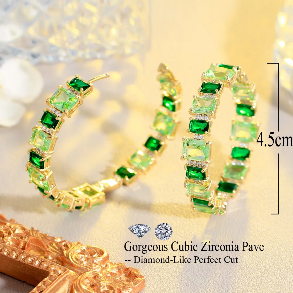 CWWZircons Square Light Green Cubic Zircon Crystal Women Big Round Hoop Earring Brazilian Gold Plated Summer Party Jewelry CZ406