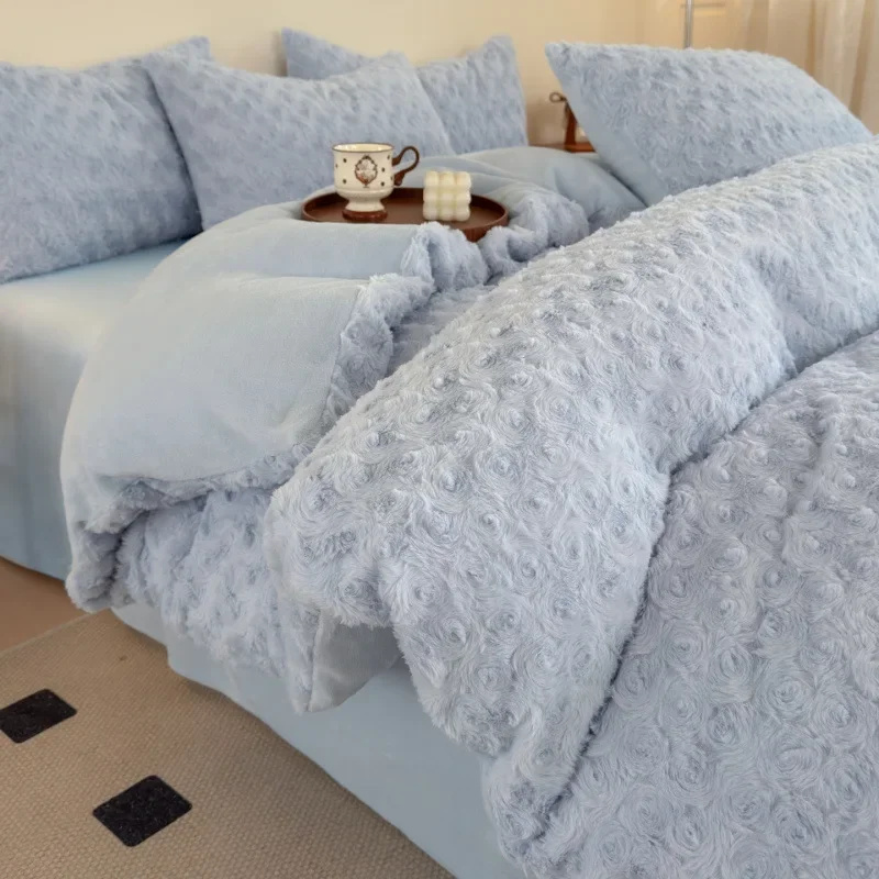 Solid Color Plush Bedding Four Piece Set Thickened Warm Rose Jacquard Home Student Dormitory Bed Sheets Duvet Cover Pillowcases