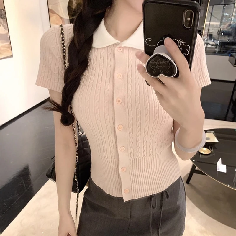 Cable Knit Short Sleeve Cardigan for Women Teen-girl Pink Collared Button Front Crop Top Summer Shoujo Girl Y2K Outfit